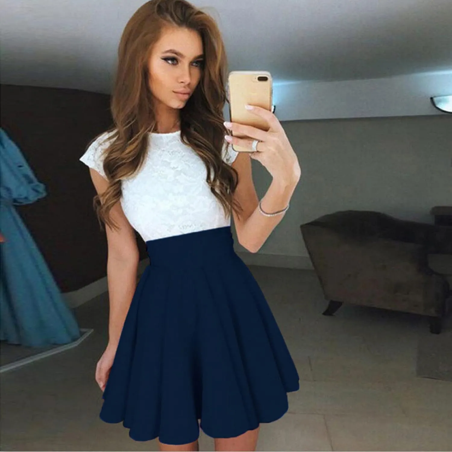 2023 Women's Summer Dress Sleeveless Ruffle Sleeve Round Neck Mini Dress Fashion Colorblock Flowy Tunic Dress