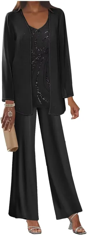 3 Piece Mother of The Bride Pant Suits Long Sleeve Chiffon Formal Wedding Guest Outfit Set with Jacket
