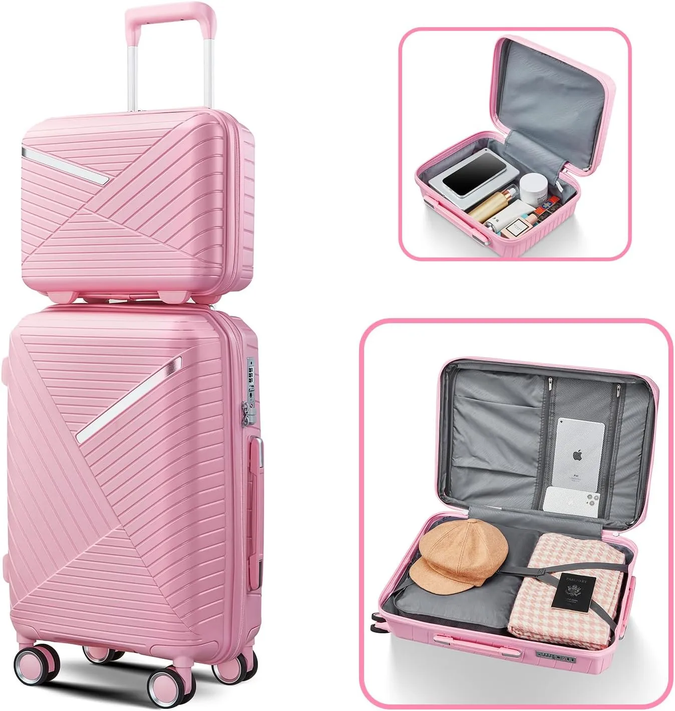 4 Piece Expandable Lightweight Suitcase Set with 4 Double 360 Mute Spinner Wheels, PP Material, TSA Lock, Travel Luggage for Family, Business, and Personal Use (14"/20"/24"/28") (Pink)