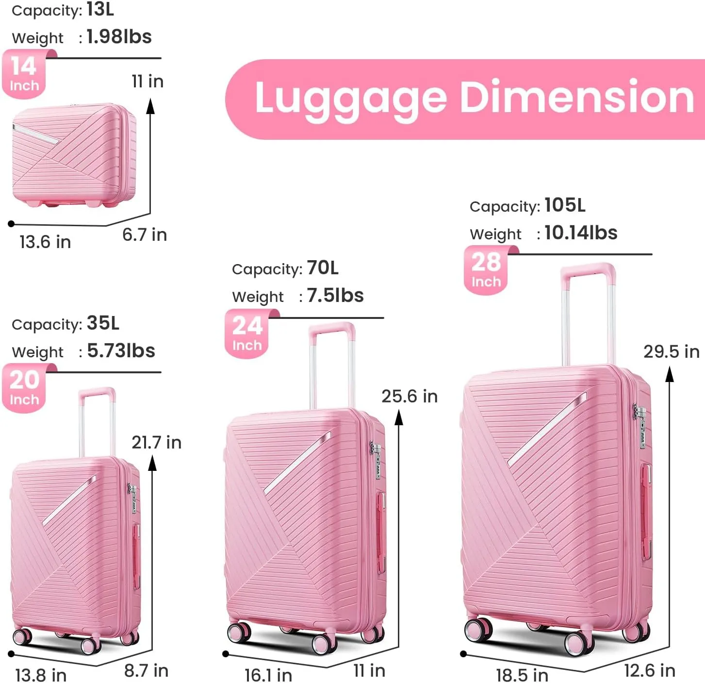 4 Piece Expandable Lightweight Suitcase Set with 4 Double 360 Mute Spinner Wheels, PP Material, TSA Lock, Travel Luggage for Family, Business, and Personal Use (14"/20"/24"/28") (White)