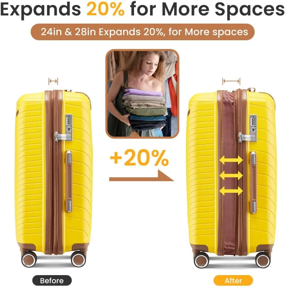 4-Piece Expandable Luggage Sets (14/20/24/28 Inch) - Eco-Friendly Lightweight PP Suitcases with 4 Double 360 Mute Spinner Wheels (Yellow   Polypropylene)