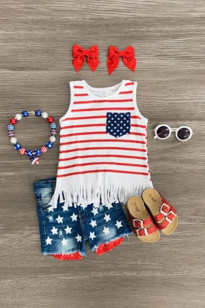 American Flag Glitter Star Denim Short Set