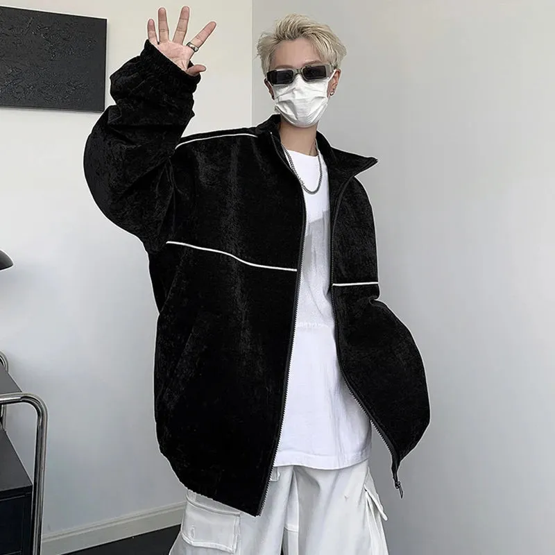 American Style Men's Jackets Loose Stand Collar Vertical Stripe Contrast Color Tops Zippers Casual Male Coat Trendy 9C6596