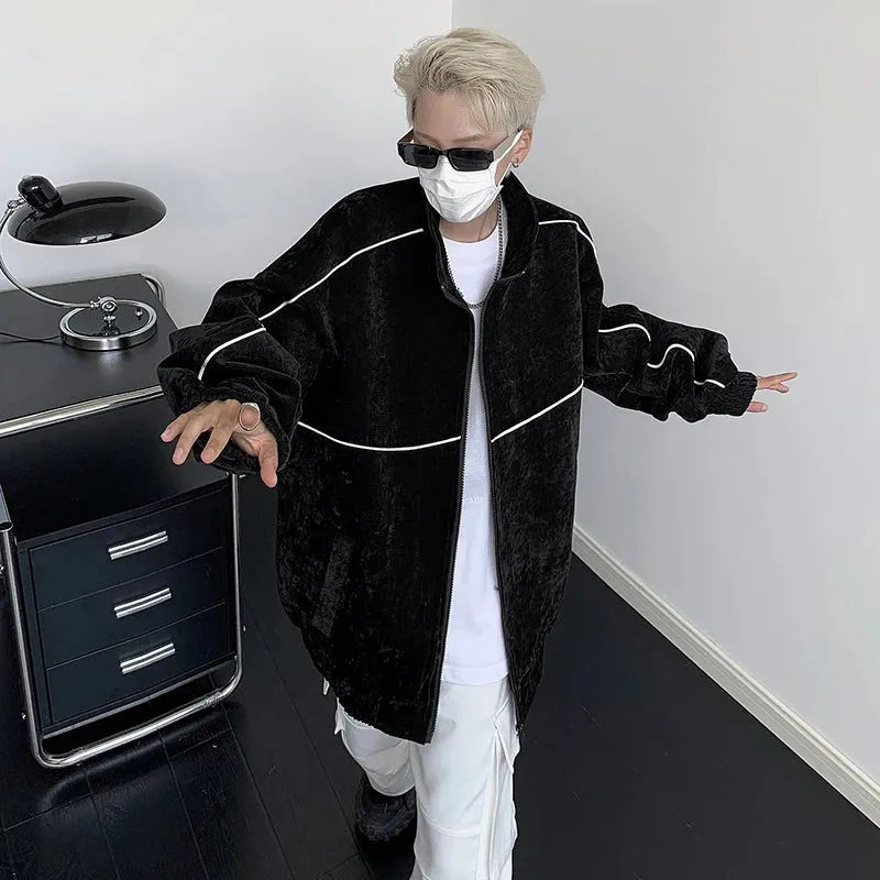 American Style Men's Jackets Loose Stand Collar Vertical Stripe Contrast Color Tops Zippers Casual Male Coat Trendy 9C6596