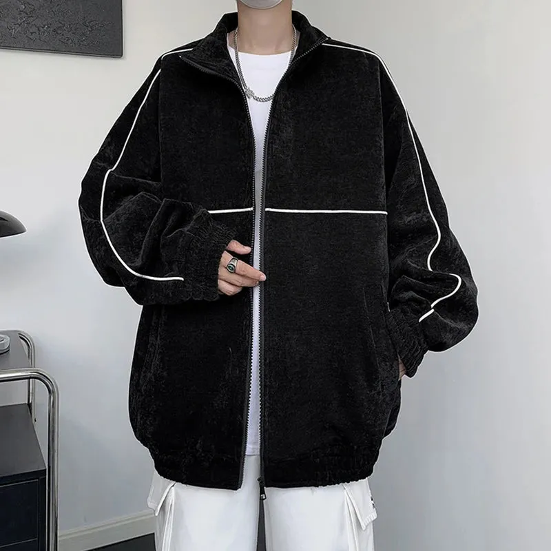 American Style Men's Jackets Loose Stand Collar Vertical Stripe Contrast Color Tops Zippers Casual Male Coat Trendy 9C6596