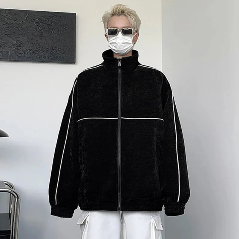 American Style Men's Jackets Loose Stand Collar Vertical Stripe Contrast Color Tops Zippers Casual Male Coat Trendy 9C6596