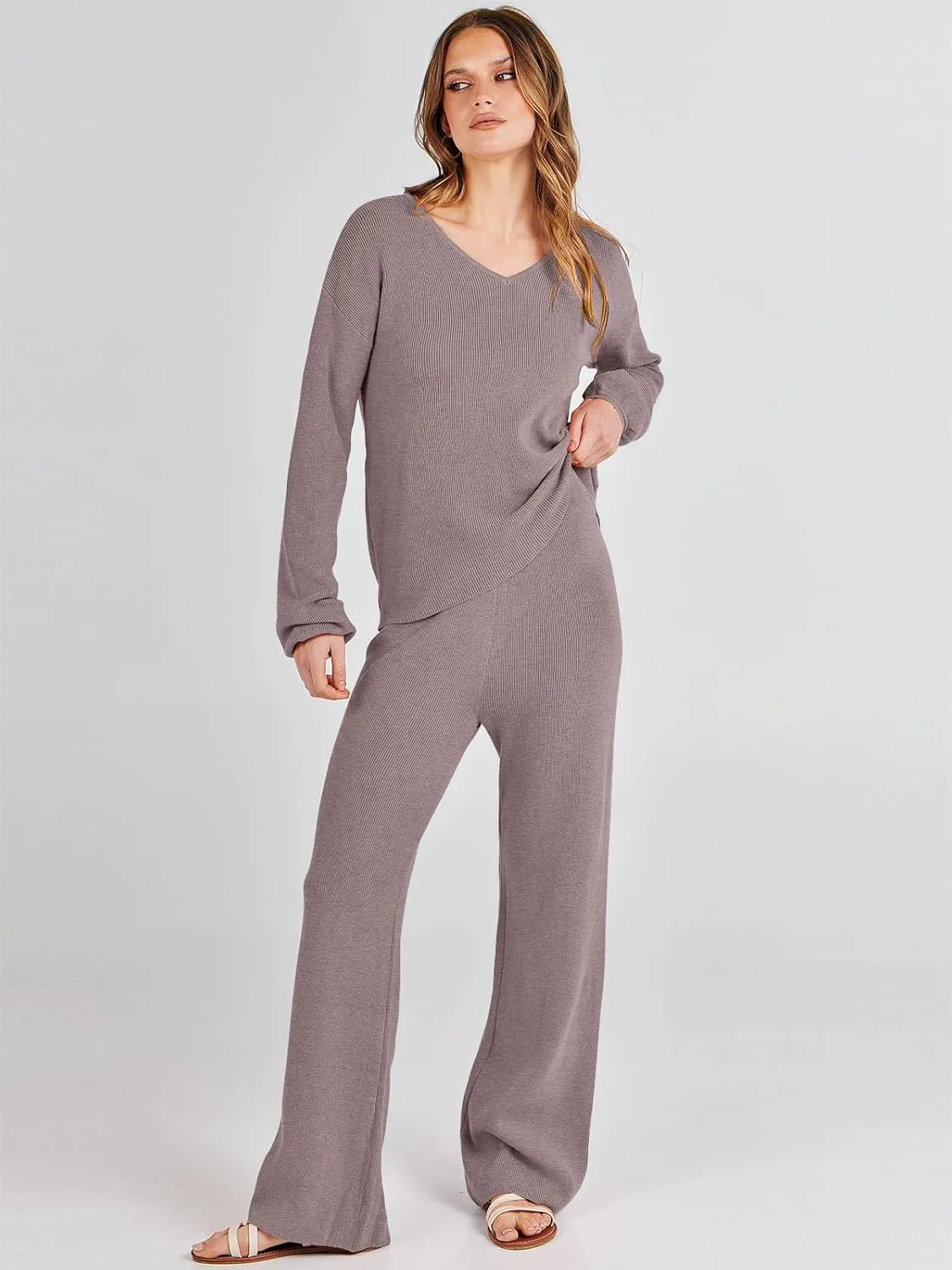 ANRABESS Women 2 Piece Outfits Sweater Lounge Sets Long Sleeve Cable Knit Pullover and Wide Leg Pants Tracksuit Matching Set