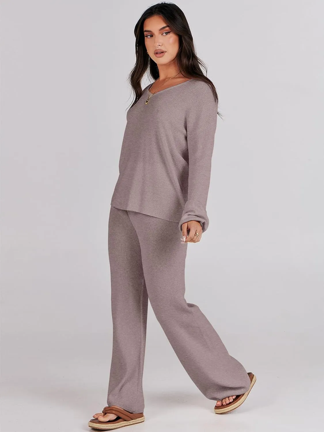 ANRABESS Women 2 Piece Outfits Sweater Lounge Sets Long Sleeve Cable Knit Pullover and Wide Leg Pants Tracksuit Matching Set