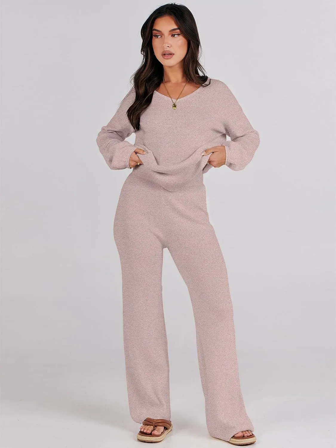 ANRABESS Women 2 Piece Outfits Sweater Lounge Sets Long Sleeve Cable Knit Pullover and Wide Leg Pants Tracksuit Matching Set