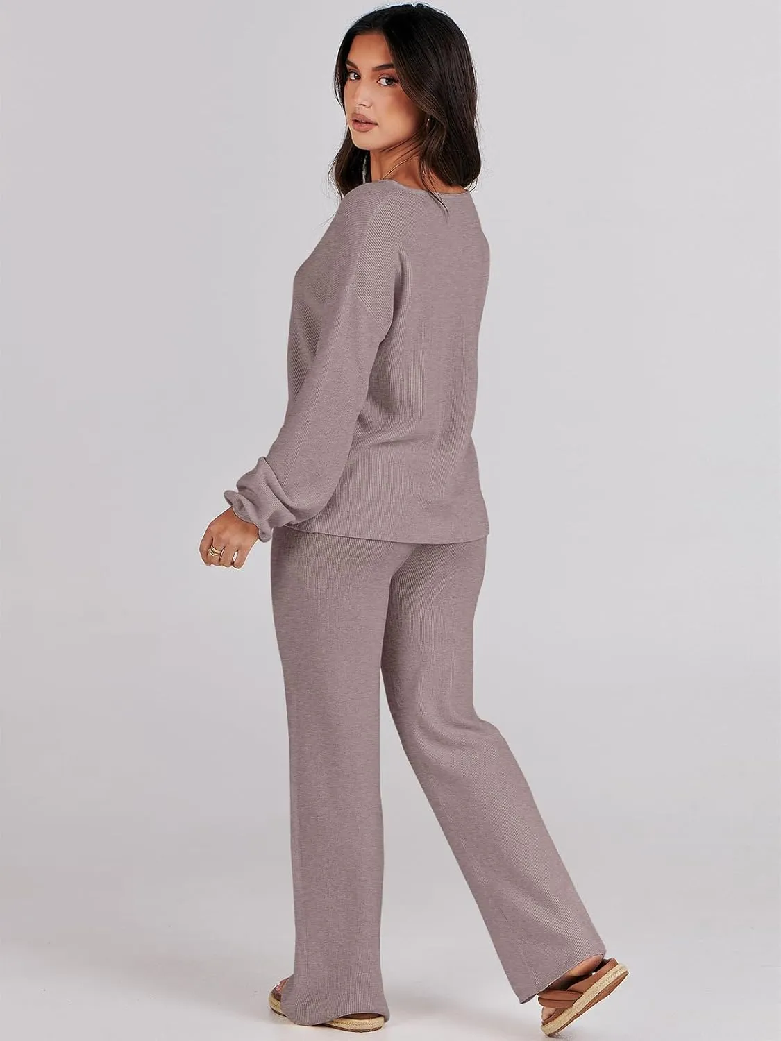 ANRABESS Women 2 Piece Outfits Sweater Lounge Sets Long Sleeve Cable Knit Pullover and Wide Leg Pants Tracksuit Matching Set