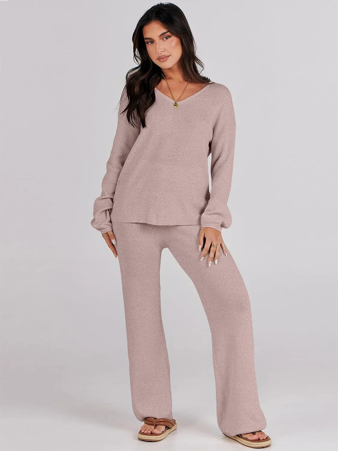 ANRABESS Women 2 Piece Outfits Sweater Lounge Sets Long Sleeve Cable Knit Pullover and Wide Leg Pants Tracksuit Matching Set
