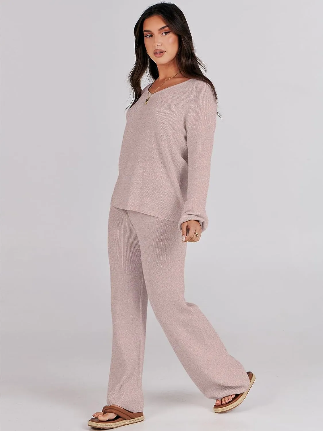 ANRABESS Women 2 Piece Outfits Sweater Lounge Sets Long Sleeve Cable Knit Pullover and Wide Leg Pants Tracksuit Matching Set