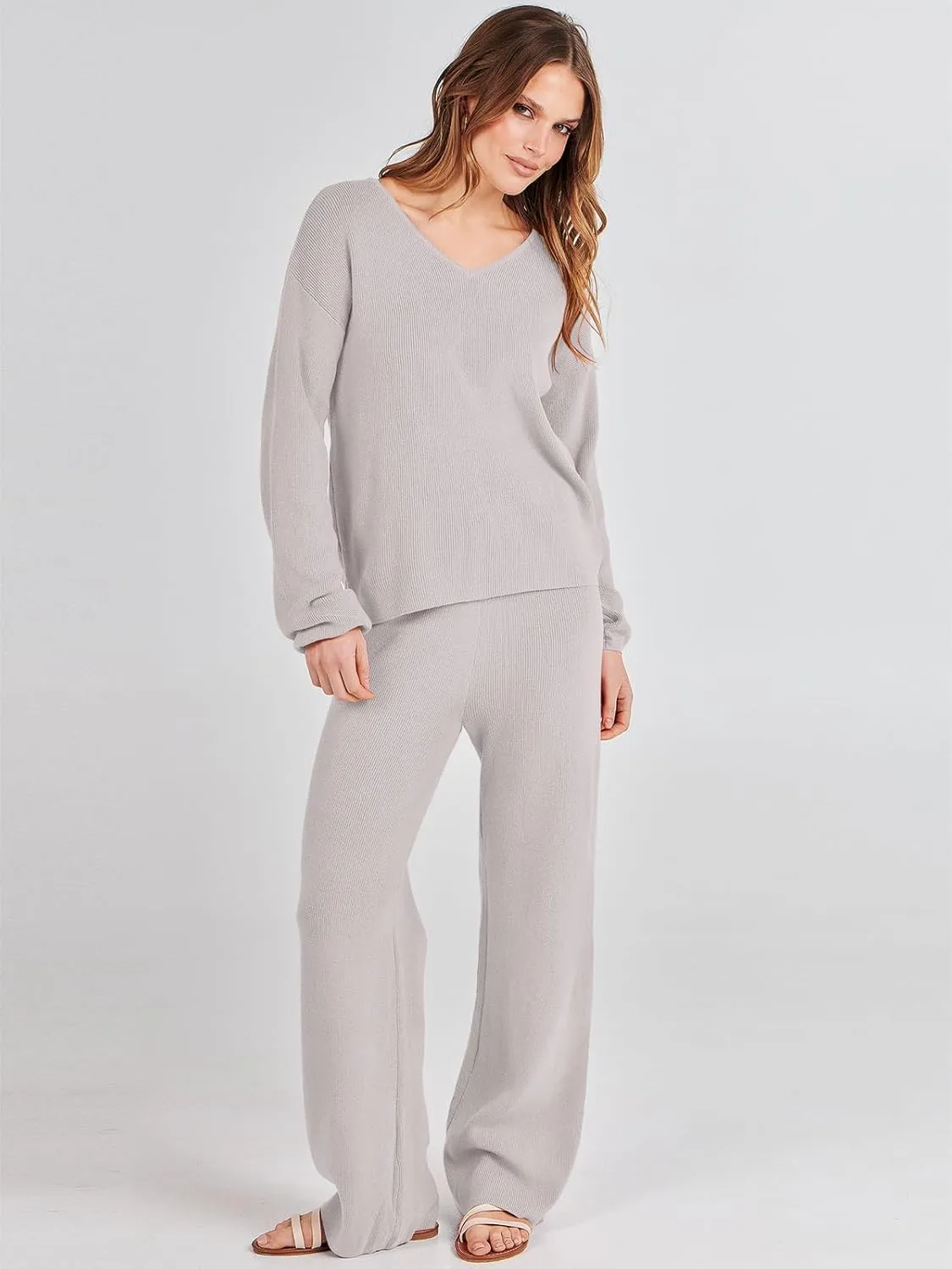 ANRABESS Women 2 Piece Outfits Sweater Lounge Sets Long Sleeve Cable Knit Pullover and Wide Leg Pants Tracksuit Matching Set