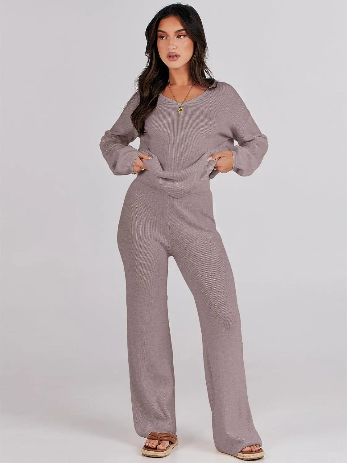 ANRABESS Women 2 Piece Outfits Sweater Lounge Sets Long Sleeve Cable Knit Pullover and Wide Leg Pants Tracksuit Matching Set
