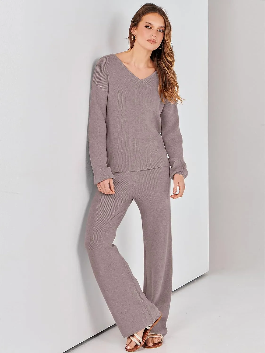 ANRABESS Women 2 Piece Outfits Sweater Lounge Sets Long Sleeve Cable Knit Pullover and Wide Leg Pants Tracksuit Matching Set