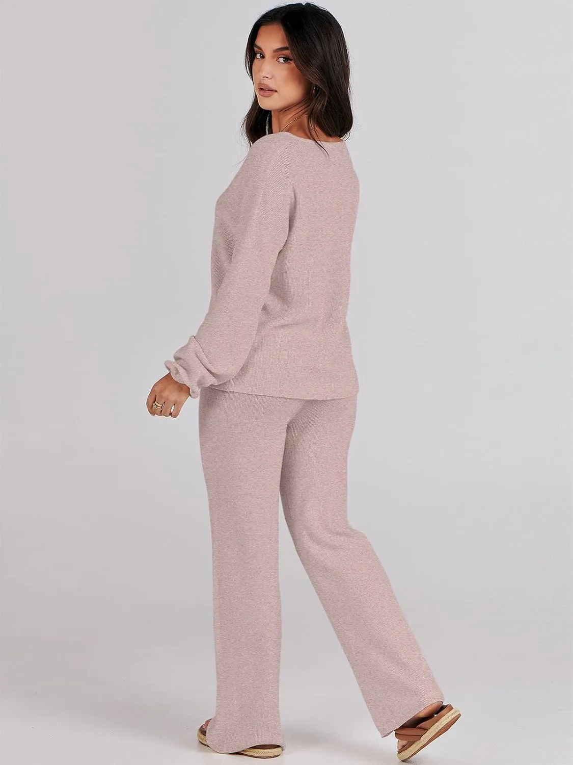 ANRABESS Women 2 Piece Outfits Sweater Lounge Sets Long Sleeve Cable Knit Pullover and Wide Leg Pants Tracksuit Matching Set