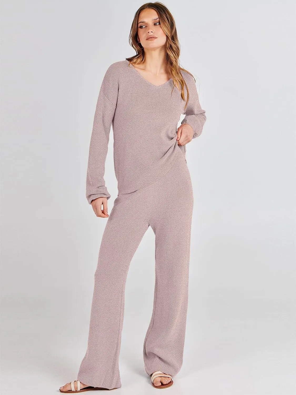 ANRABESS Women 2 Piece Outfits Sweater Lounge Sets Long Sleeve Cable Knit Pullover and Wide Leg Pants Tracksuit Matching Set