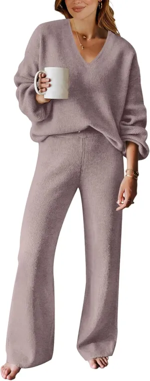 ANRABESS Women 2 Piece Outfits Sweater Lounge Sets Long Sleeve Cable Knit Pullover and Wide Leg Pants Tracksuit Matching Set