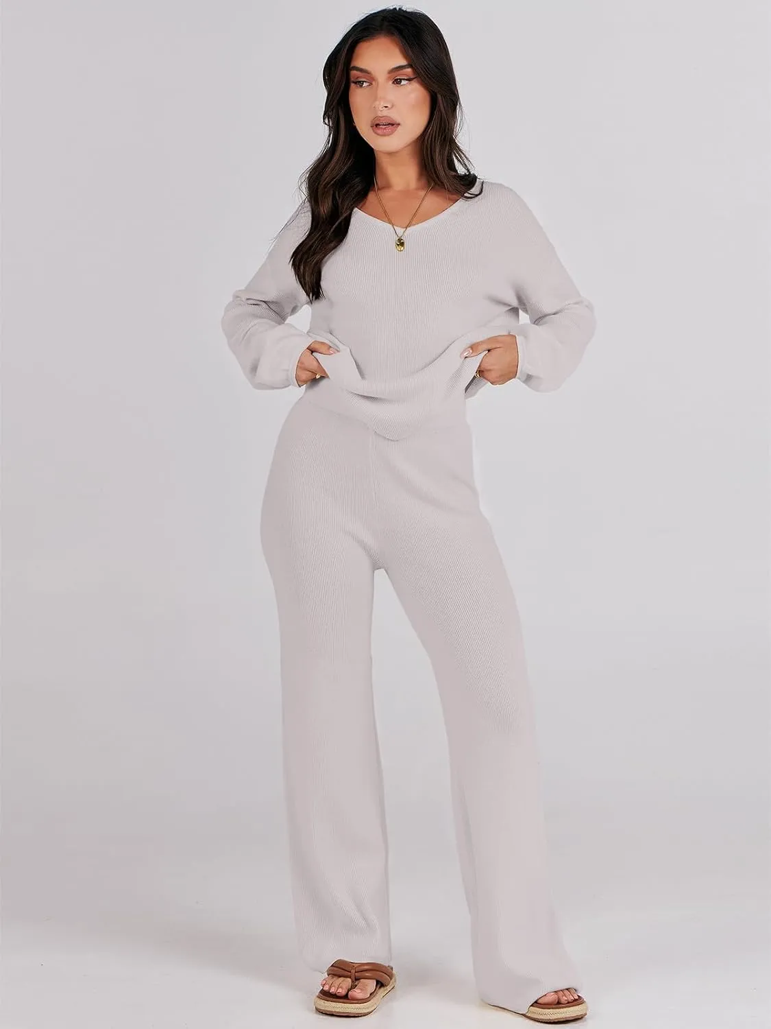 ANRABESS Women 2 Piece Outfits Sweater Lounge Sets Long Sleeve Cable Knit Pullover and Wide Leg Pants Tracksuit Matching Set