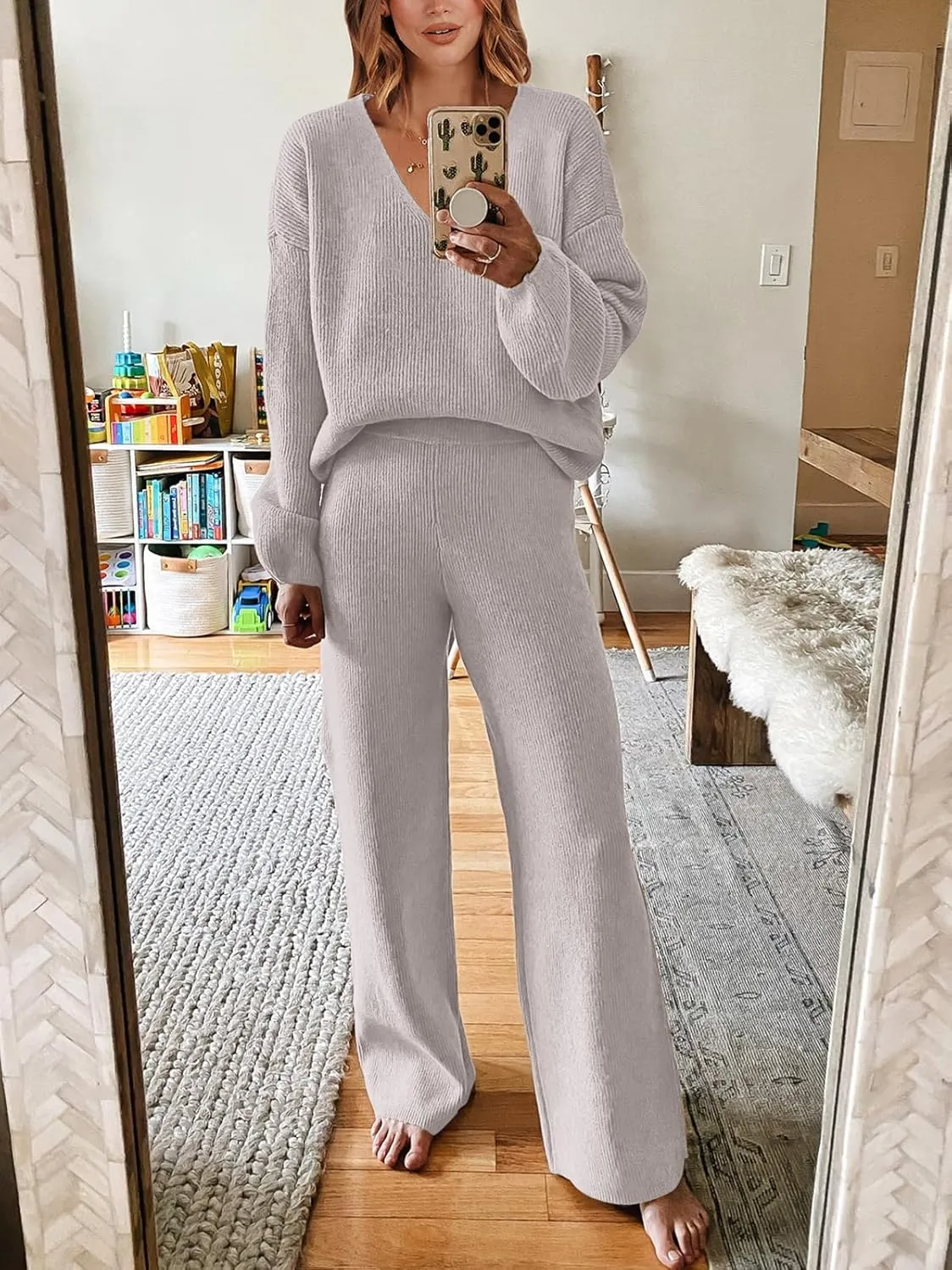 ANRABESS Women 2 Piece Outfits Sweater Lounge Sets Long Sleeve Cable Knit Pullover and Wide Leg Pants Tracksuit Matching Set