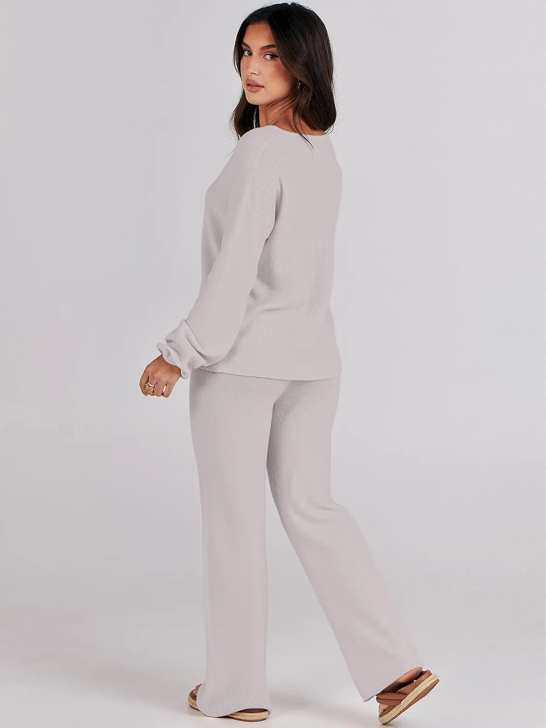 ANRABESS Women 2 Piece Outfits Sweater Lounge Sets Long Sleeve Cable Knit Pullover and Wide Leg Pants Tracksuit Matching Set
