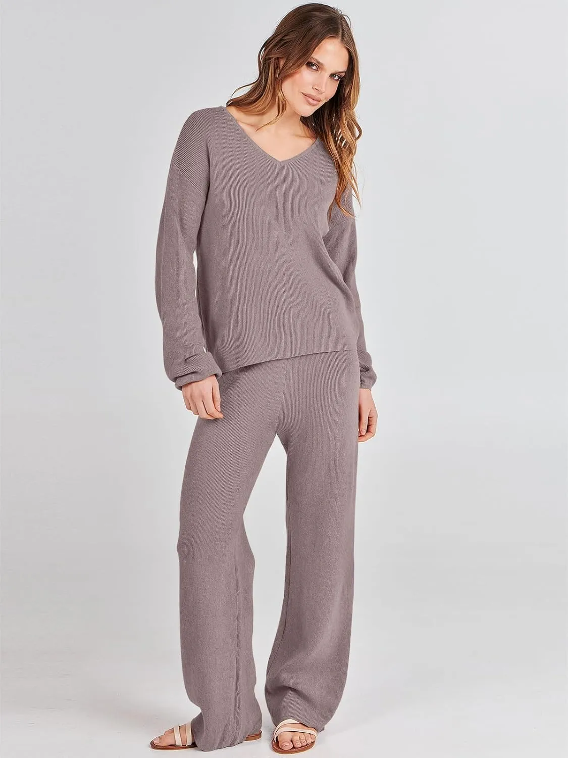 ANRABESS Women 2 Piece Outfits Sweater Lounge Sets Long Sleeve Cable Knit Pullover and Wide Leg Pants Tracksuit Matching Set