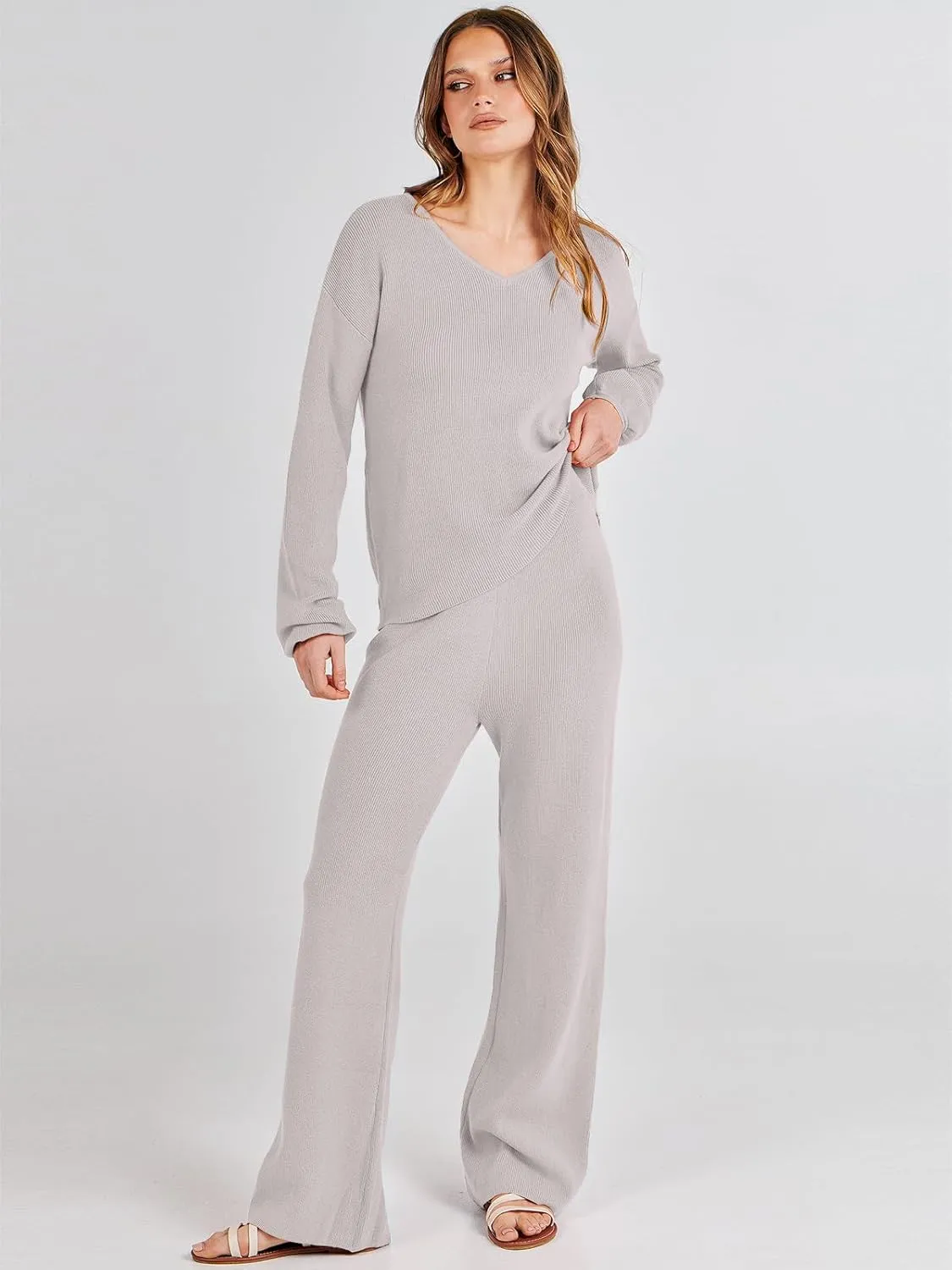 ANRABESS Women 2 Piece Outfits Sweater Lounge Sets Long Sleeve Cable Knit Pullover and Wide Leg Pants Tracksuit Matching Set
