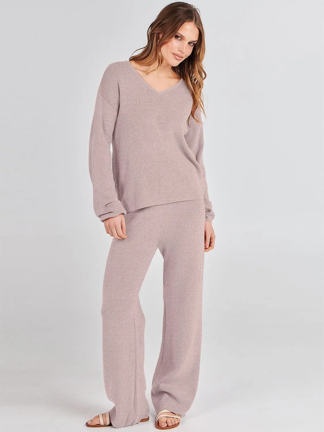 ANRABESS Women 2 Piece Outfits Sweater Lounge Sets Long Sleeve Cable Knit Pullover and Wide Leg Pants Tracksuit Matching Set