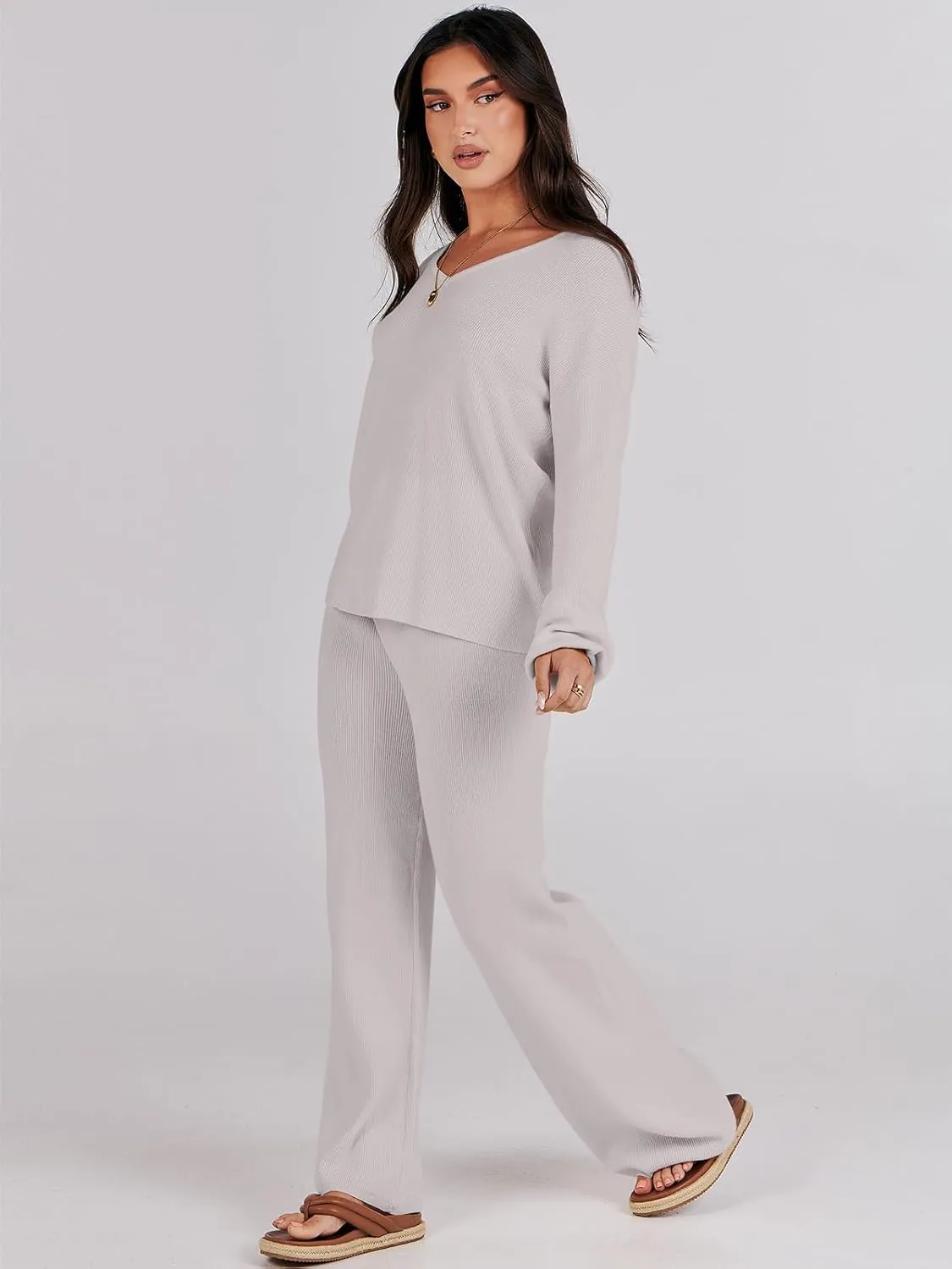ANRABESS Women 2 Piece Outfits Sweater Lounge Sets Long Sleeve Cable Knit Pullover and Wide Leg Pants Tracksuit Matching Set