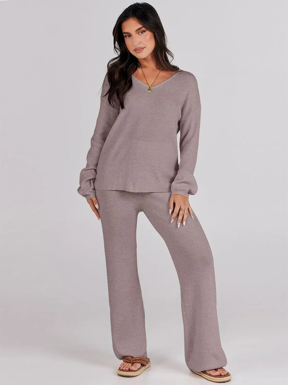 ANRABESS Women 2 Piece Outfits Sweater Lounge Sets Long Sleeve Cable Knit Pullover and Wide Leg Pants Tracksuit Matching Set