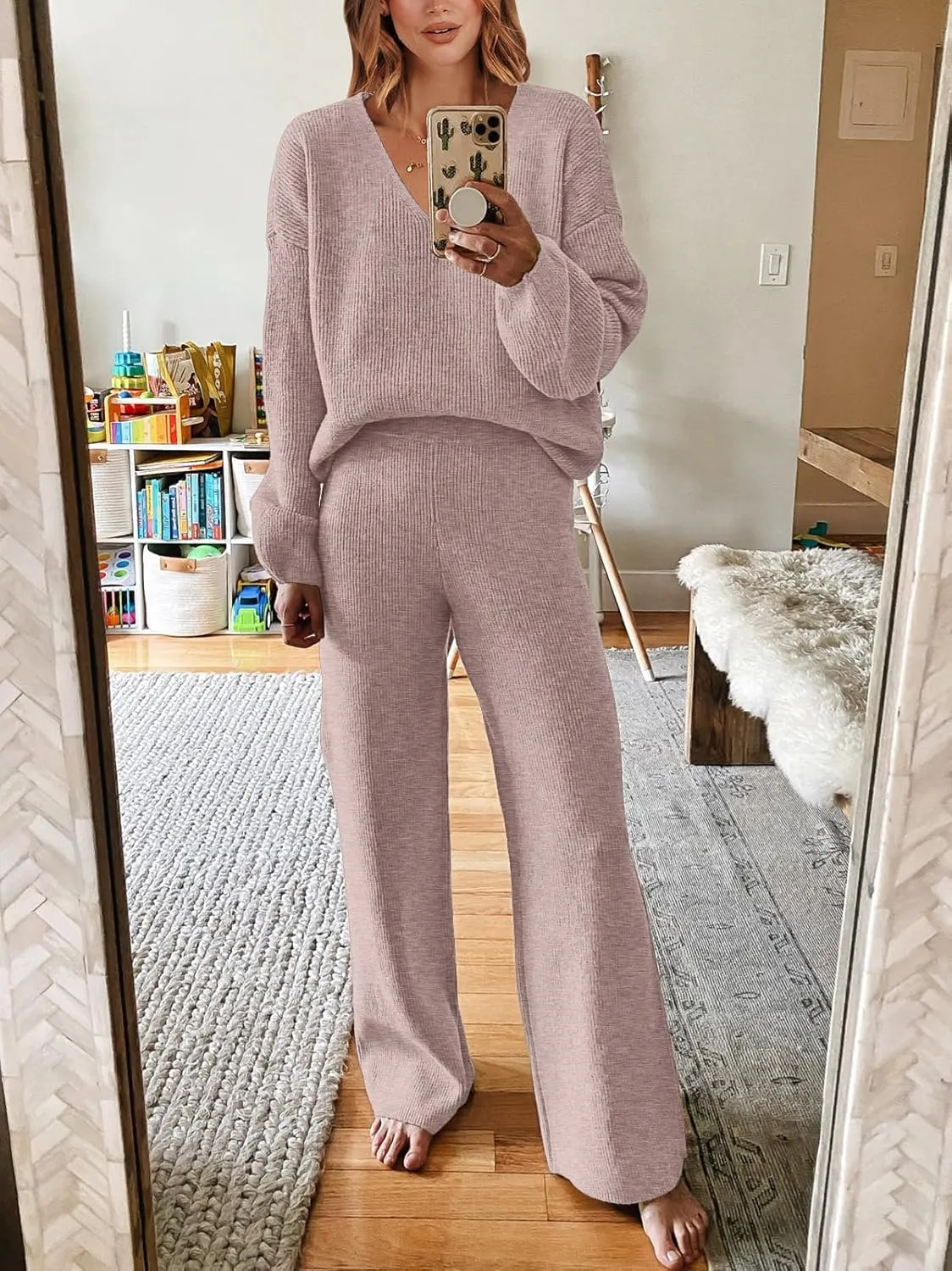 ANRABESS Women 2 Piece Outfits Sweater Lounge Sets Long Sleeve Cable Knit Pullover and Wide Leg Pants Tracksuit Matching Set