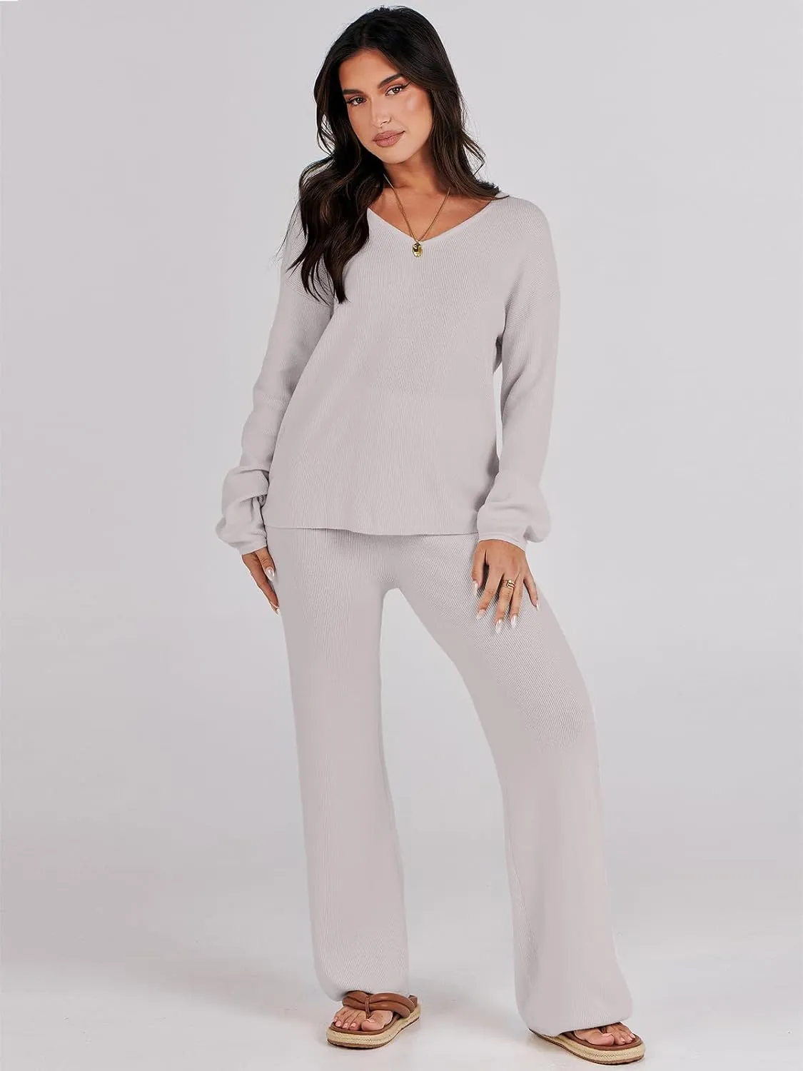 ANRABESS Women 2 Piece Outfits Sweater Lounge Sets Long Sleeve Cable Knit Pullover and Wide Leg Pants Tracksuit Matching Set