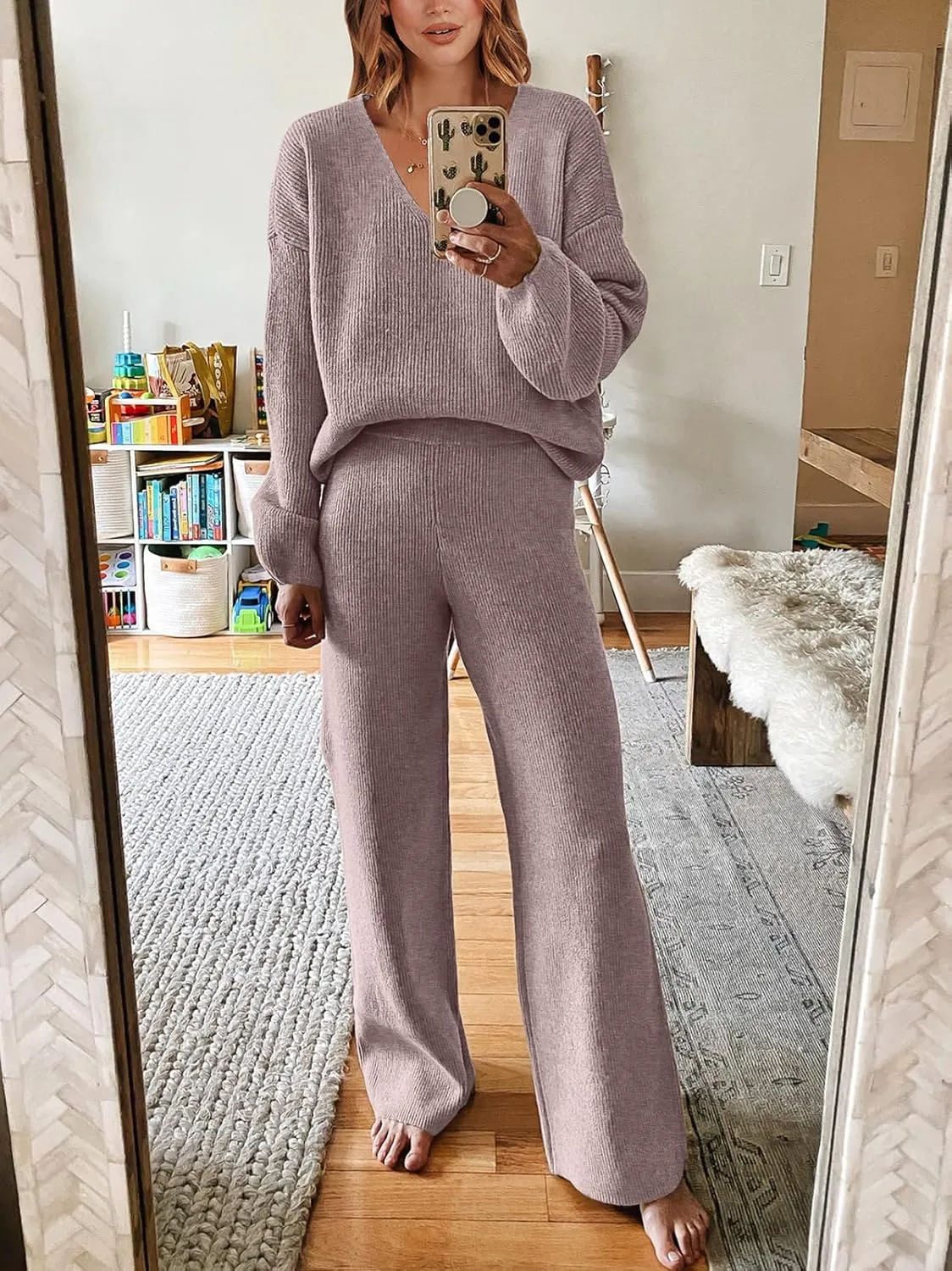 ANRABESS Women 2 Piece Outfits Sweater Lounge Sets Long Sleeve Cable Knit Pullover and Wide Leg Pants Tracksuit Matching Set