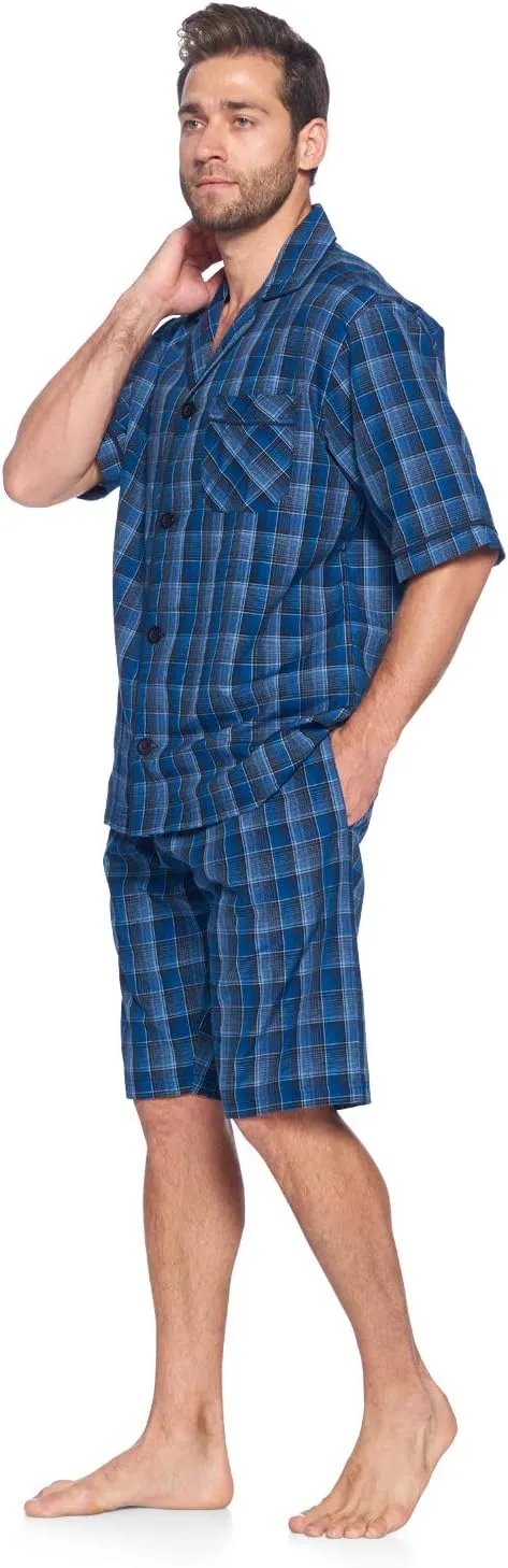 Ashford & Brooks Mens Woven Pajama Shorts Set Short Sleeve Button Down Boxer PJs