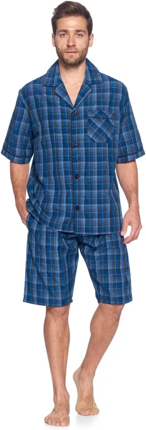Ashford & Brooks Mens Woven Pajama Shorts Set Short Sleeve Button Down Boxer PJs