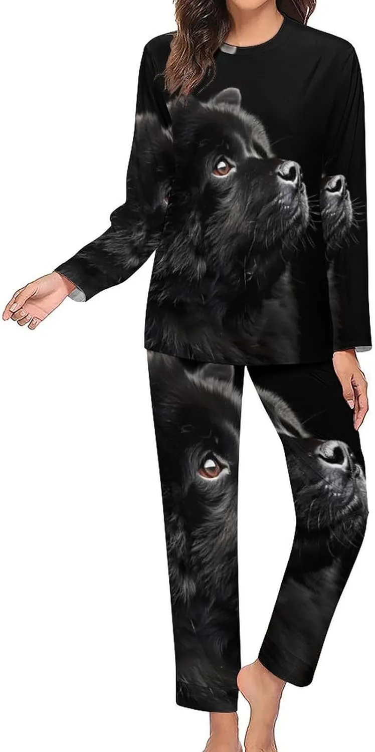 Black Chow Chow Women's Two Piece Pajama Set Long Sleeve Sleepwear Nightwear Soft Pj Sets Loungewear