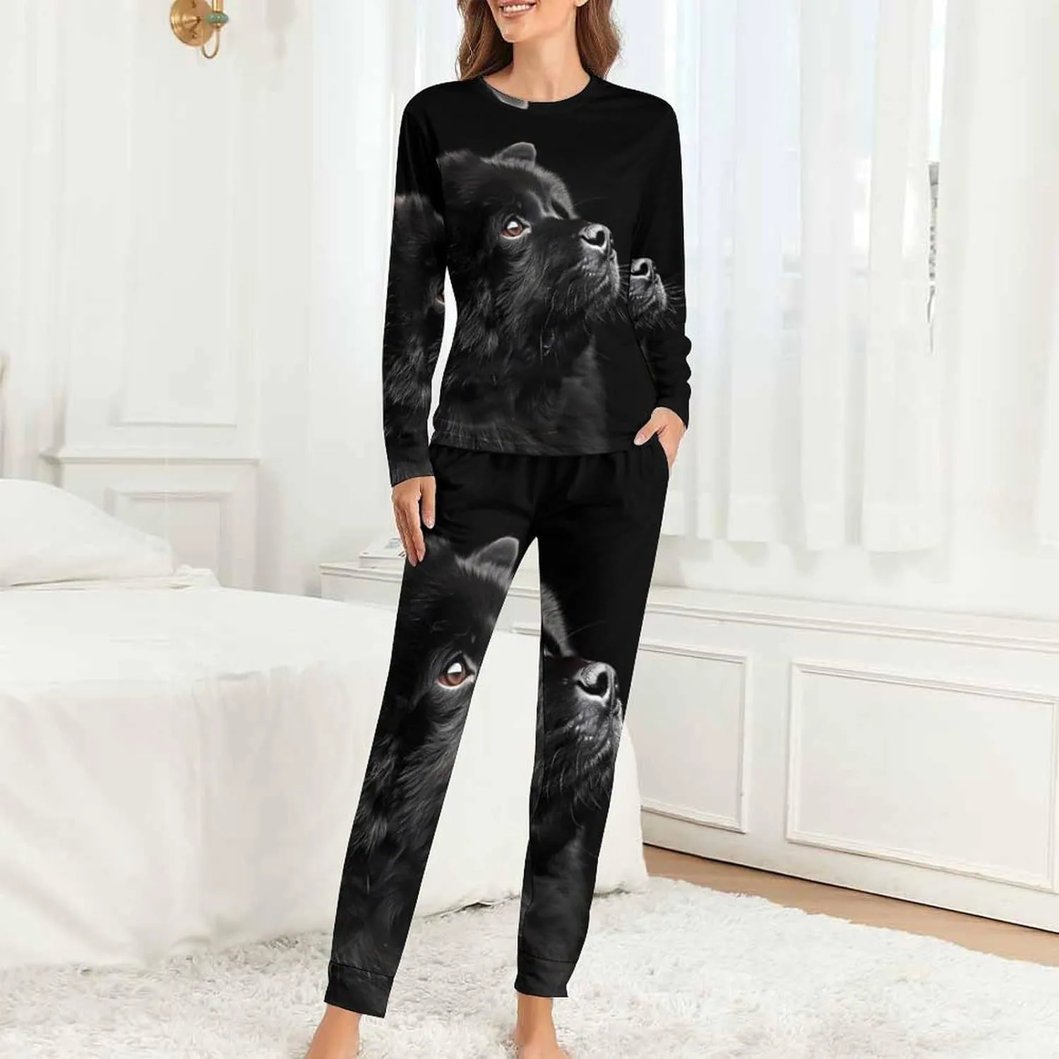 Black Chow Chow Women's Two Piece Pajama Set Long Sleeve Sleepwear Nightwear Soft Pj Sets Loungewear