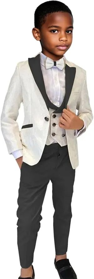 Boys Suit 3 Piece Slim Fit Tuxedo Suits for Boys Formal Wedding Suit Jacquard Blazer Vest Pants Set for Dinner Party Prom