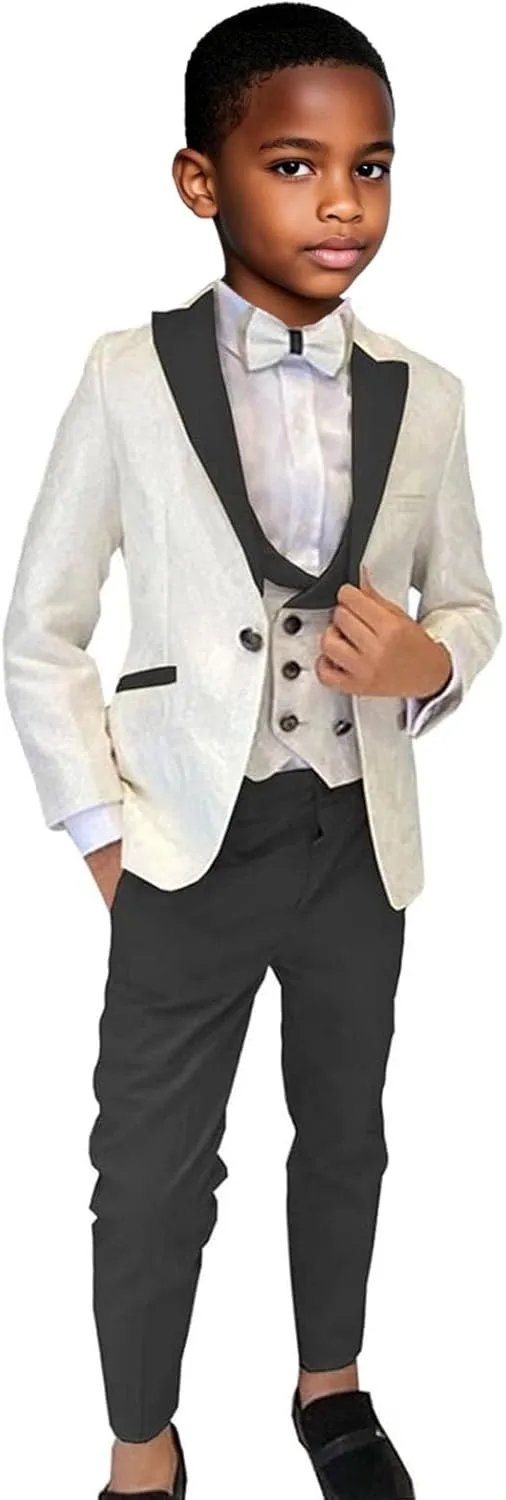 Boys Suit 3 Piece Slim Fit Tuxedo Suits for Boys Formal Wedding Suit Jacquard Blazer Vest Pants Set for Dinner Party Prom