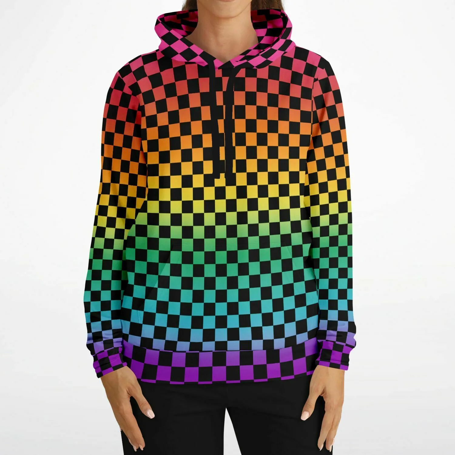 Bright Rainbow Pride Black Checkered Pullover Hoodie