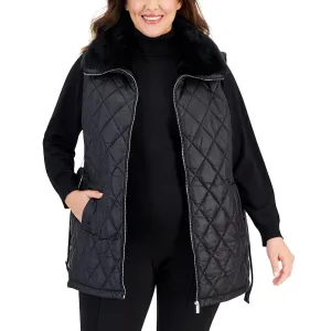 Calvin Klein Womens Plus Faux Fur Trim Quiled Puffer Vest