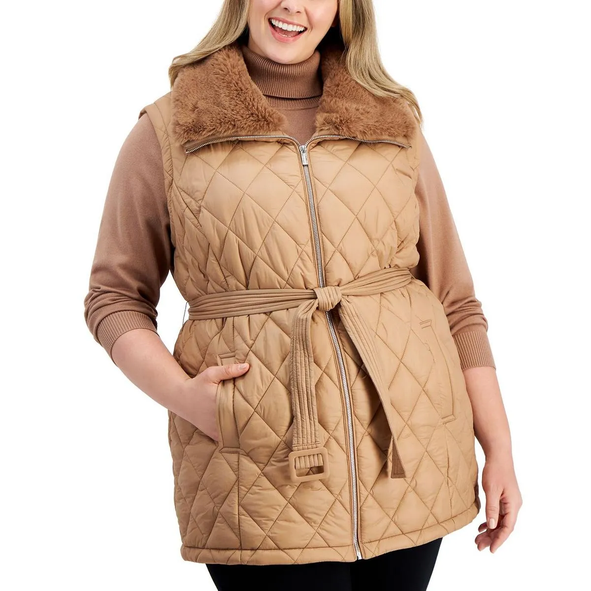 Calvin Klein Womens Plus Faux Fur Trim Quiled Puffer Vest