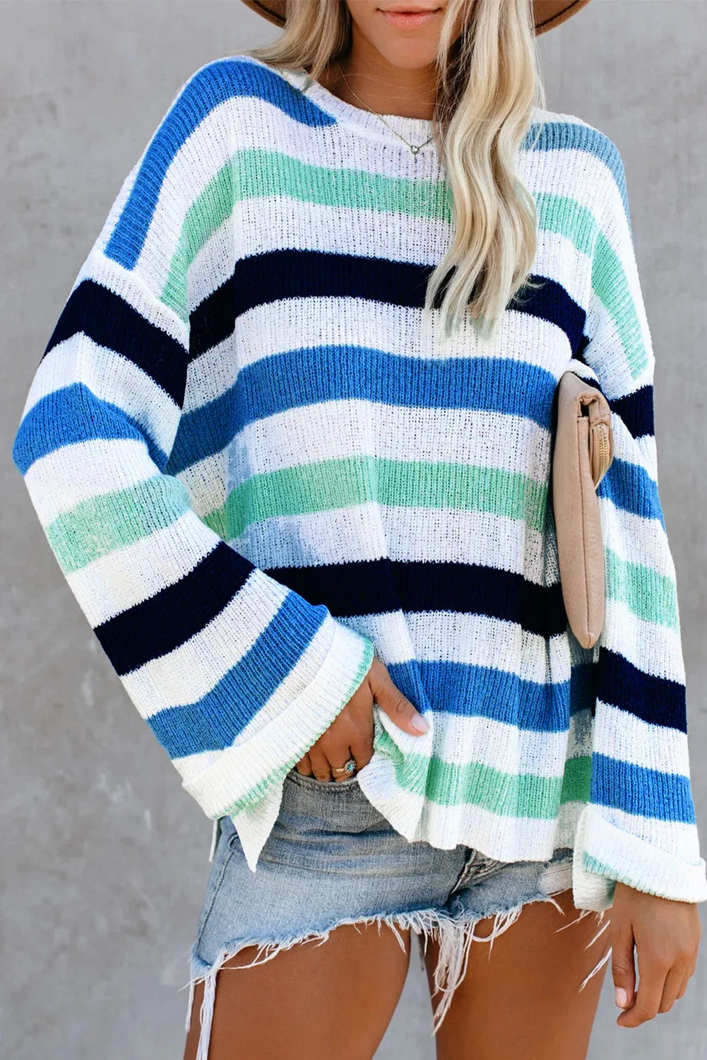 Casual Loose Bell Sleeves Striped Knit Sweater