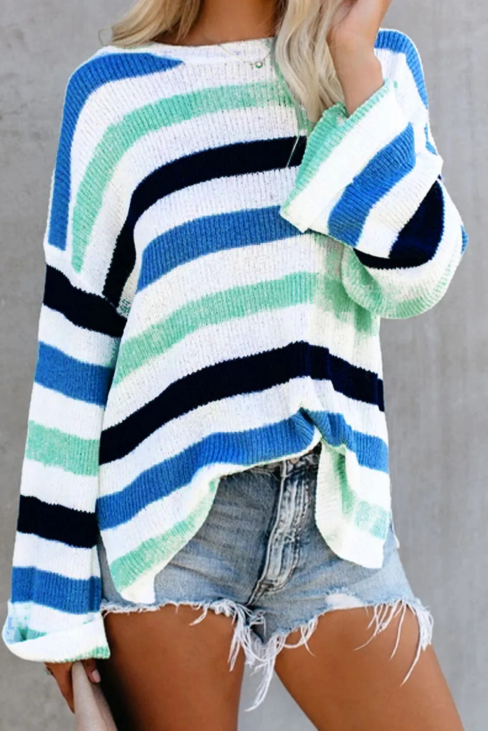 Casual Loose Bell Sleeves Striped Knit Sweater