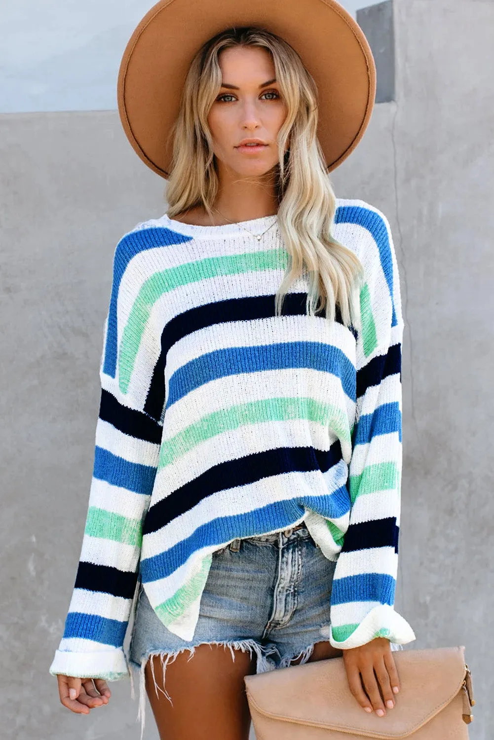 Casual Loose Bell Sleeves Striped Knit Sweater
