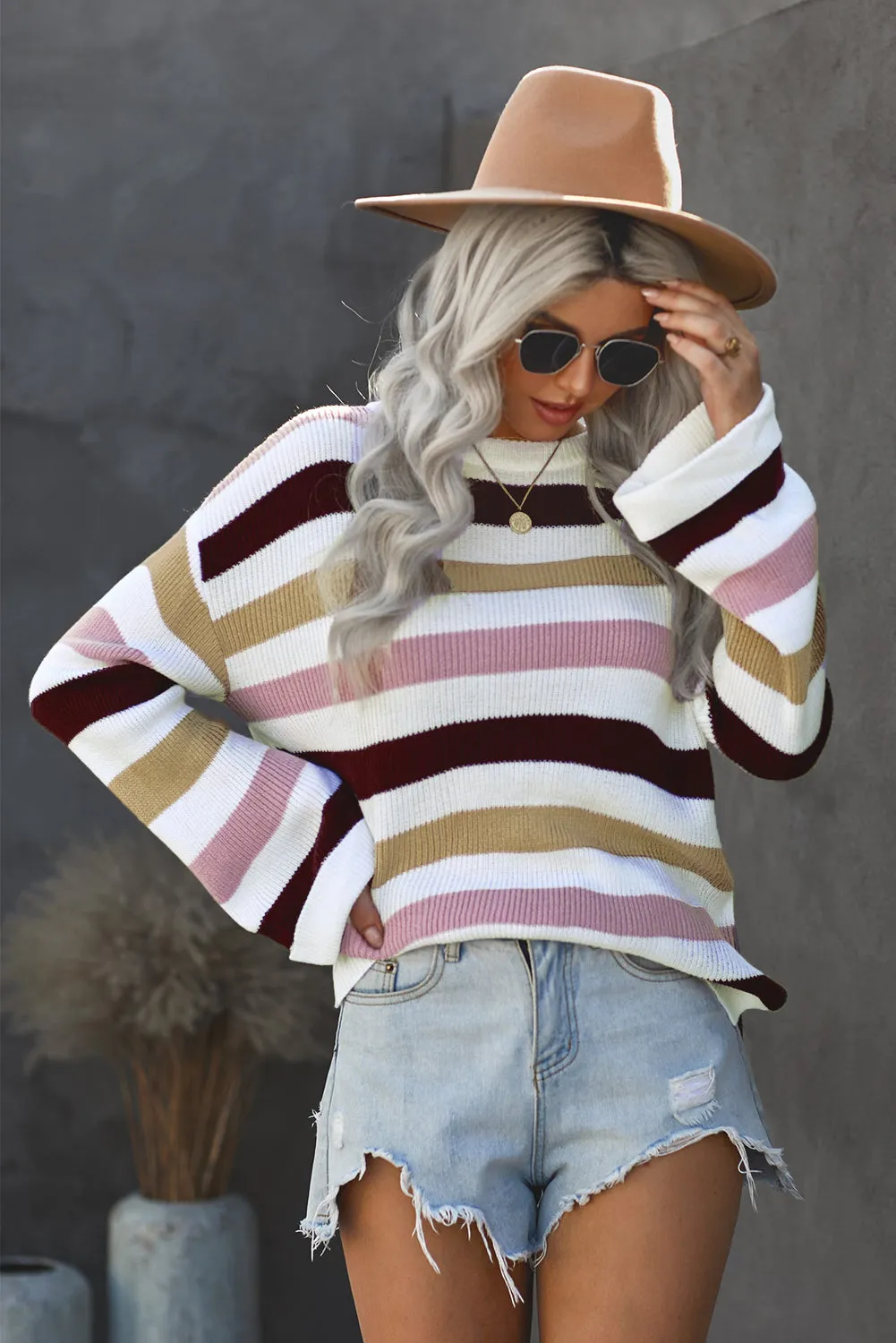Casual Loose Bell Sleeves Striped Knit Sweater