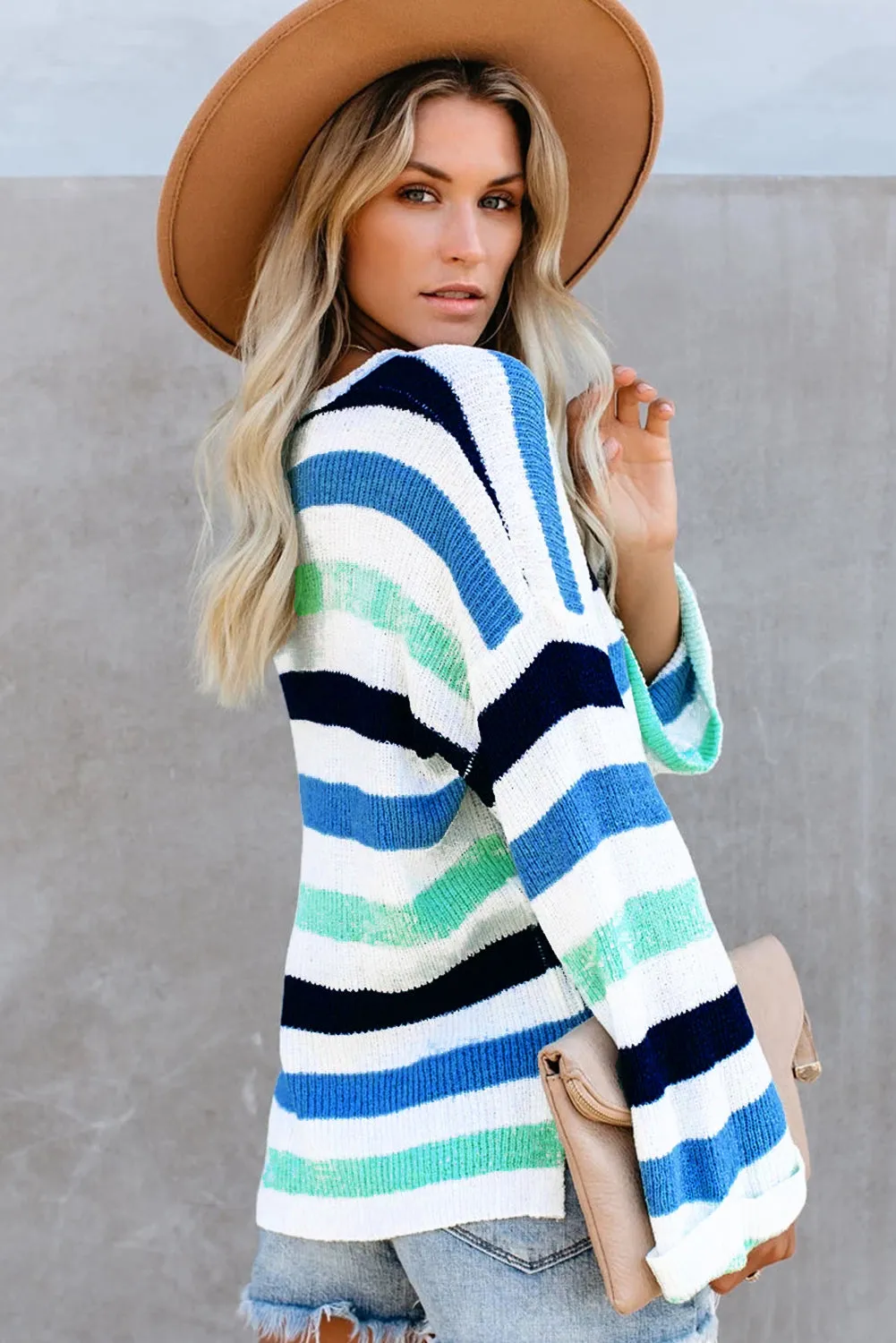 Casual Loose Bell Sleeves Striped Knit Sweater