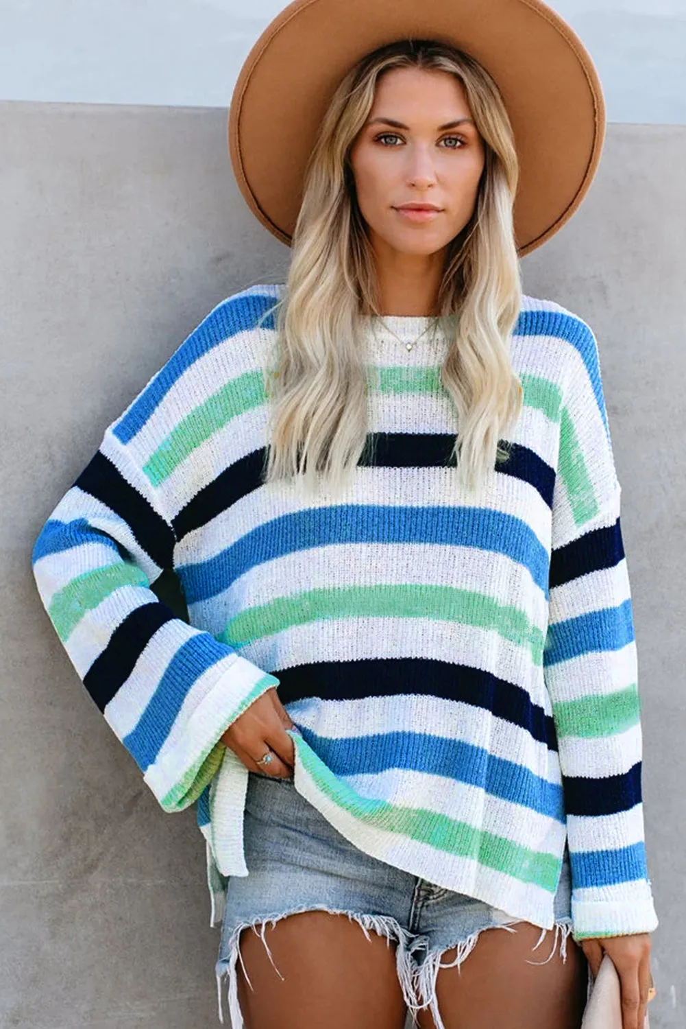 Casual Loose Bell Sleeves Striped Knit Sweater