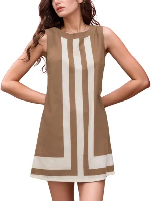 Daacee Womens Boho Color Block Mini Dress Casual Summer Flowy Sleeveless Striped Dresses Beach Tank Sundress Coverups