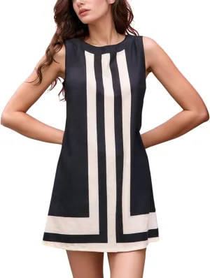 Daacee Womens Boho Color Block Mini Dress Casual Summer Flowy Sleeveless Striped Dresses Beach Tank Sundress Coverups